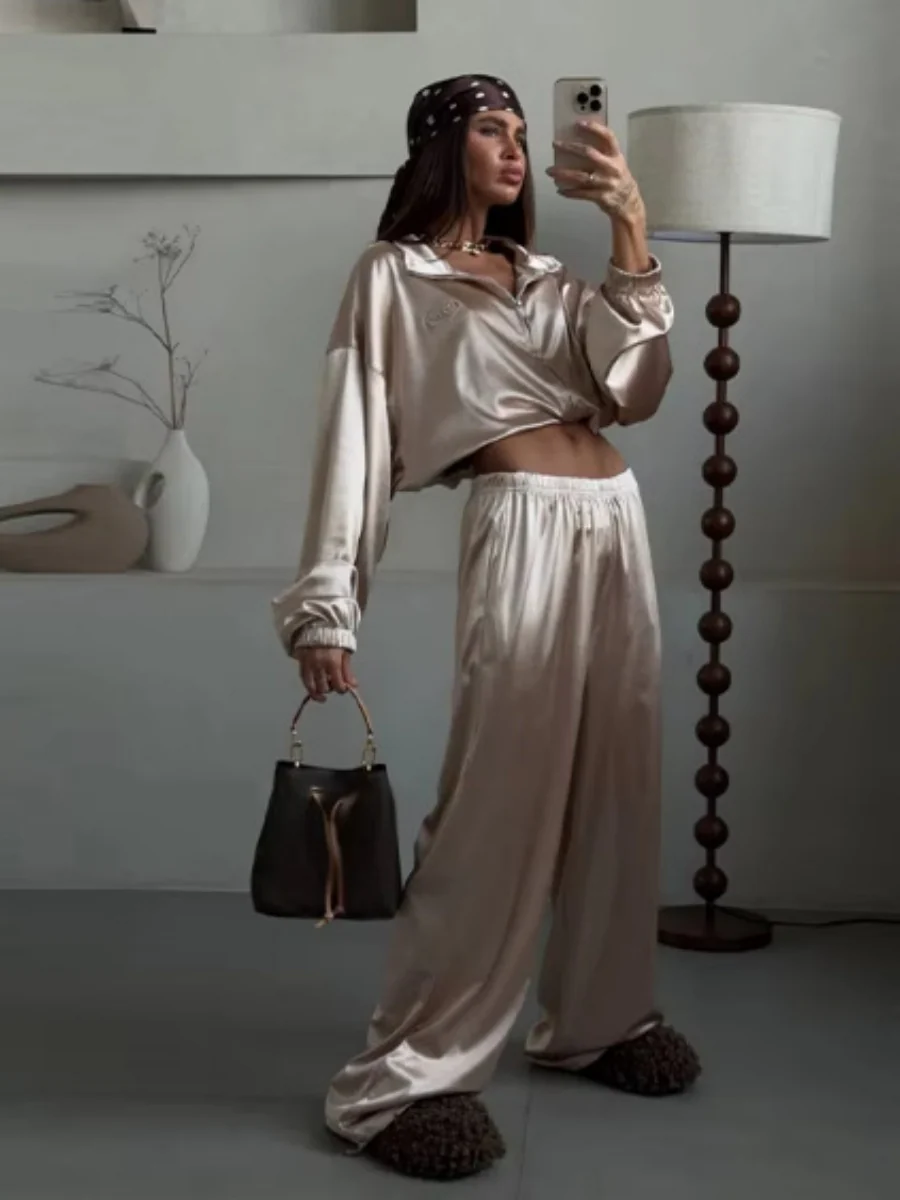 Zippered Loose Sweatshirt Jacket And Wide-Leg Pants Two-Piece Set - Image 22