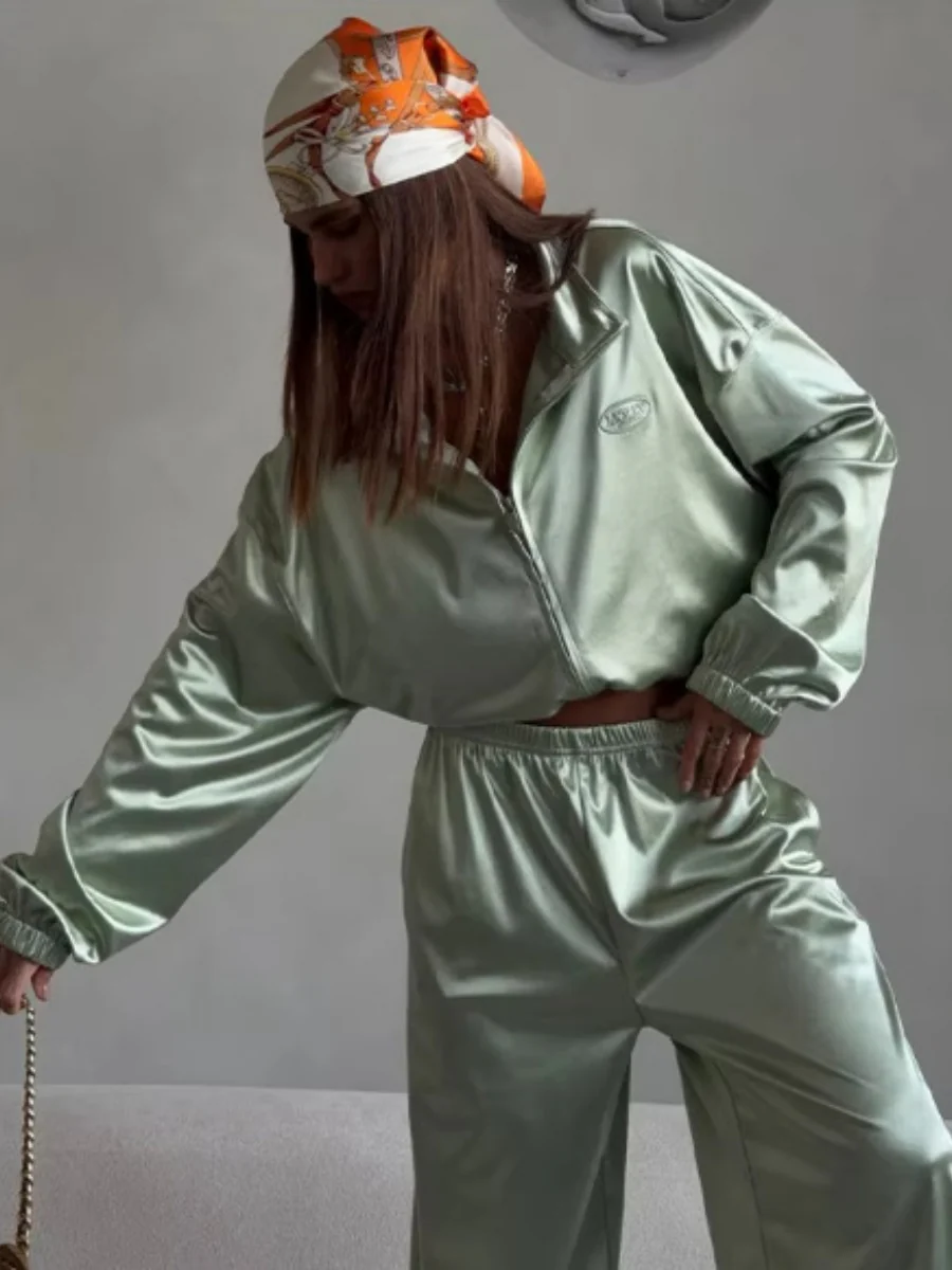 Zippered Loose Sweatshirt Jacket And Wide-Leg Pants Two-Piece Set - Image 26