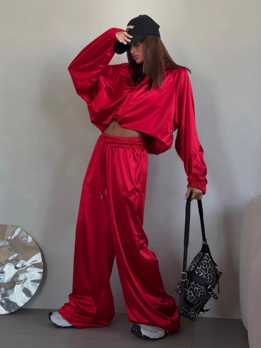 Zippered Loose Sweatshirt Jacket And Wide-Leg Pants Two-Piece Set - Image 6