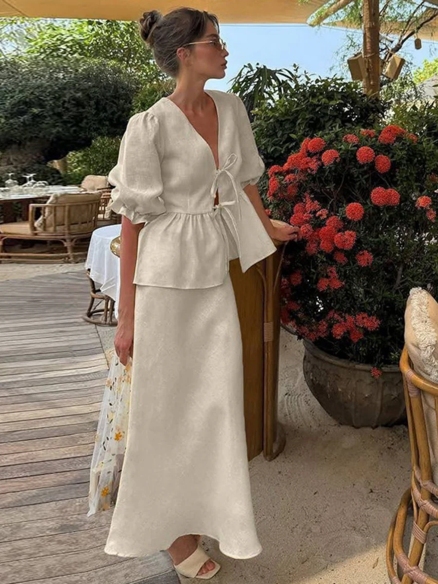 Two-piece Set: Puff-sleeved V-neck Tie-front Top And High-waisted Skirt - Image 8