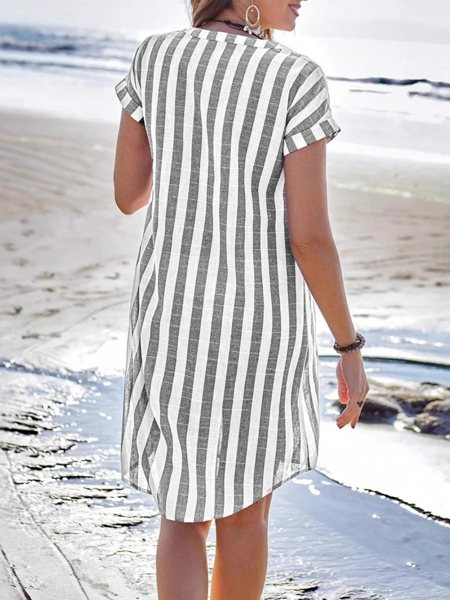 Buttons Stripes Mini&Short Dresses - Image 2