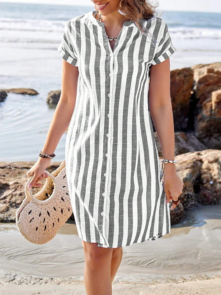 Buttons Stripes Mini&Short Dresses - Image 5