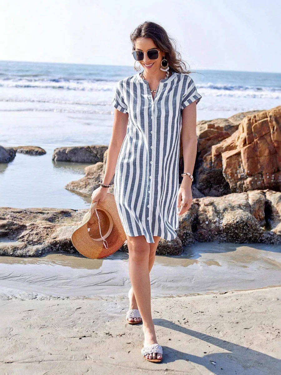 Buttons Stripes Mini&Short Dresses - Image 7