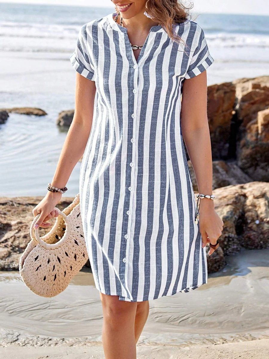Buttons Stripes Mini&Short Dresses - Image 8
