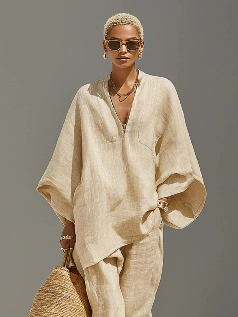Solid Color Batwing Sleeves, V-neck, Loose Pockets 2-piece Sets - Image 2