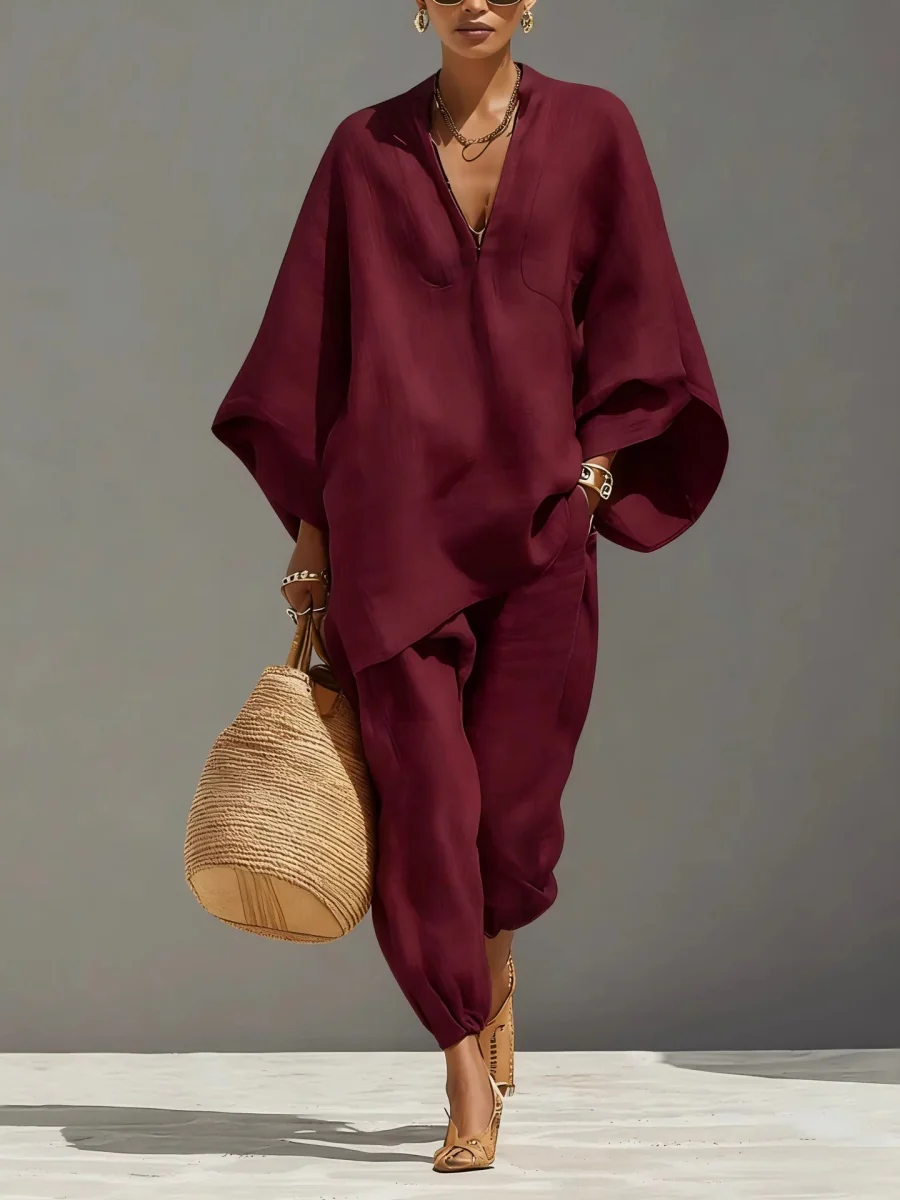 Solid Color Batwing Sleeves, V-neck, Loose Pockets 2-piece Sets - Image 5