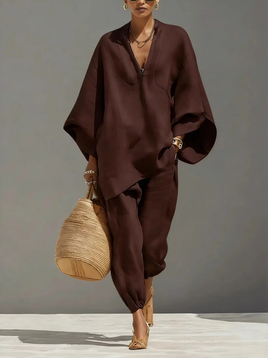 Solid Color Batwing Sleeves, V-neck, Loose Pockets 2-piece Sets - Image 6