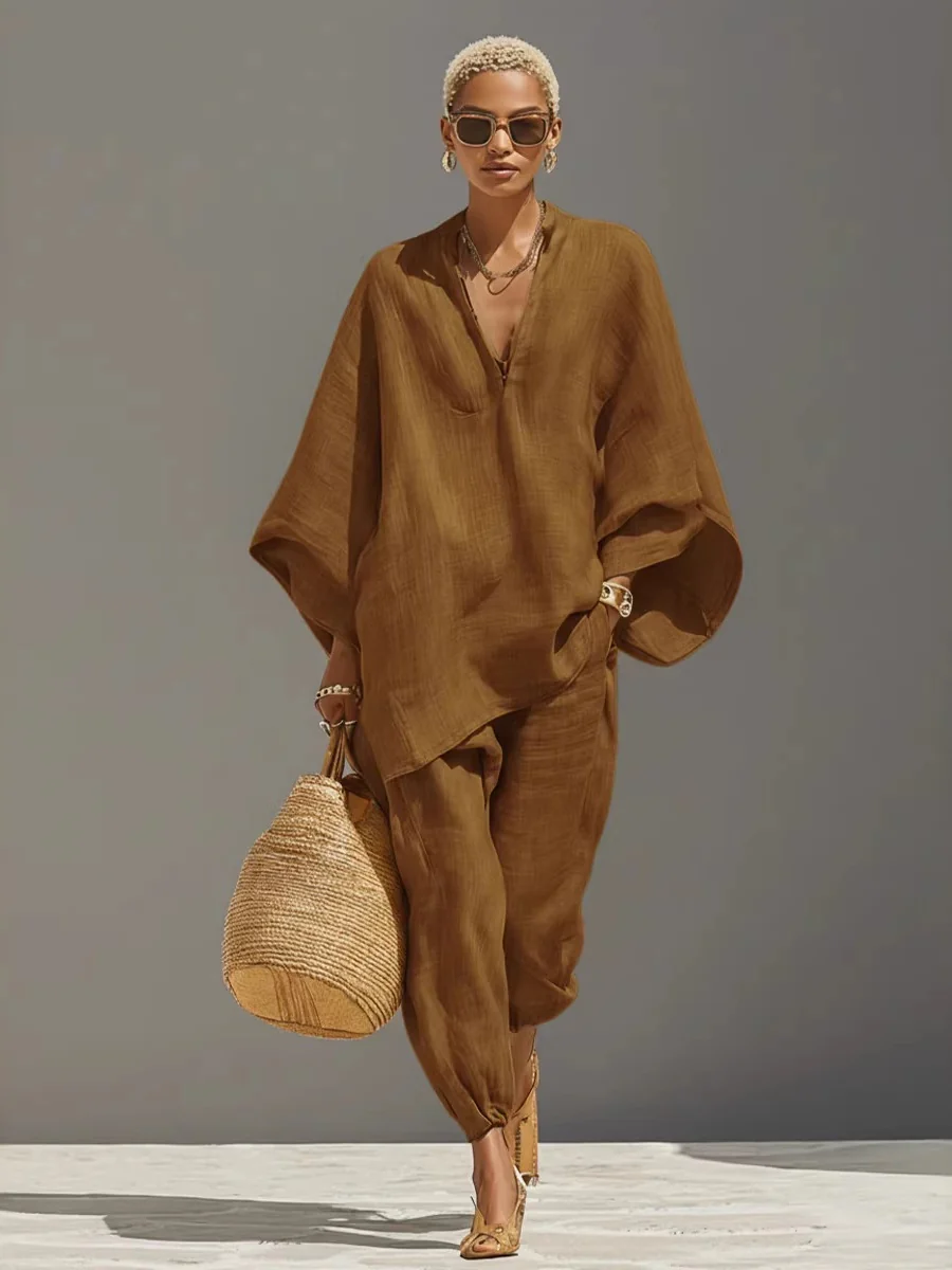 Solid Color Batwing Sleeves, V-neck, Loose Pockets 2-piece Sets - Image 7