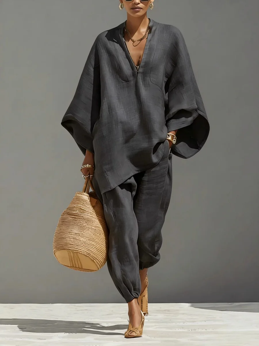 Solid Color Batwing Sleeves, V-neck, Loose Pockets 2-piece Sets - Image 8