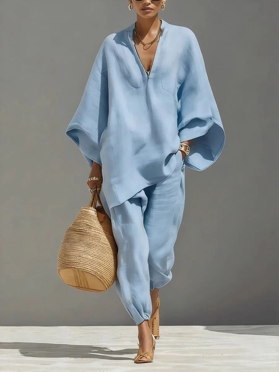 Solid Color Batwing Sleeves, V-neck, Loose Pockets 2-piece Sets - Image 9