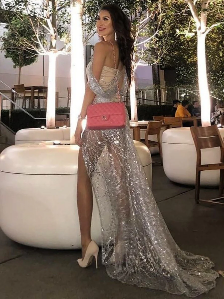 Strapless One-shoulder Sequined Sexy Party Dress Floor-length Gown - Image 5