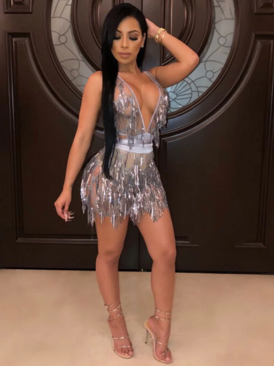 Sequined Two-piece Spliced Sexy Backless Nightclub Tie-up Dress - Image 3
