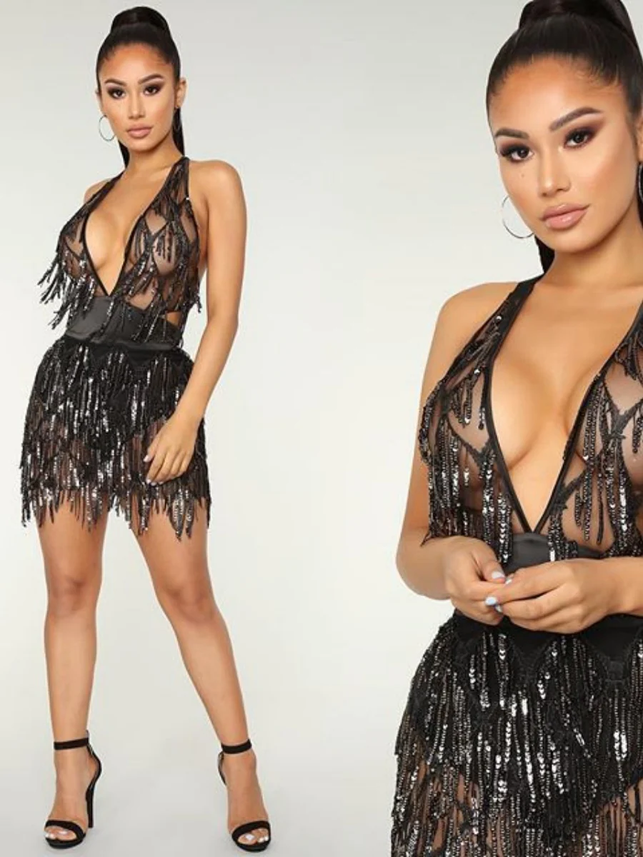Sequined Two-piece Spliced Sexy Backless Nightclub Tie-up Dress - Image 4