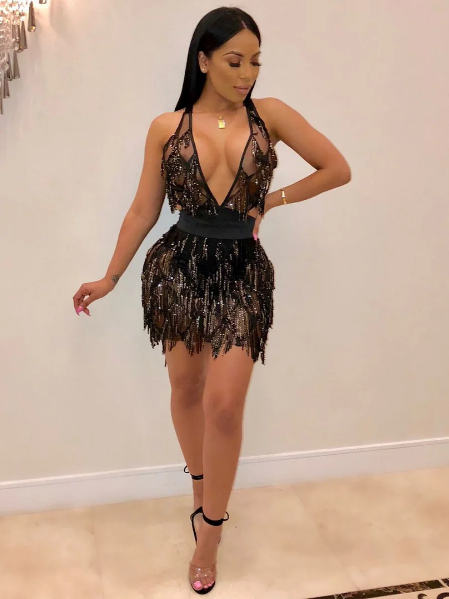 Sequined Two-piece Spliced Sexy Backless Nightclub Tie-up Dress - Image 5
