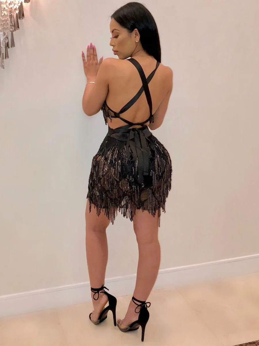 Sequined Two-piece Spliced Sexy Backless Nightclub Tie-up Dress - Image 6