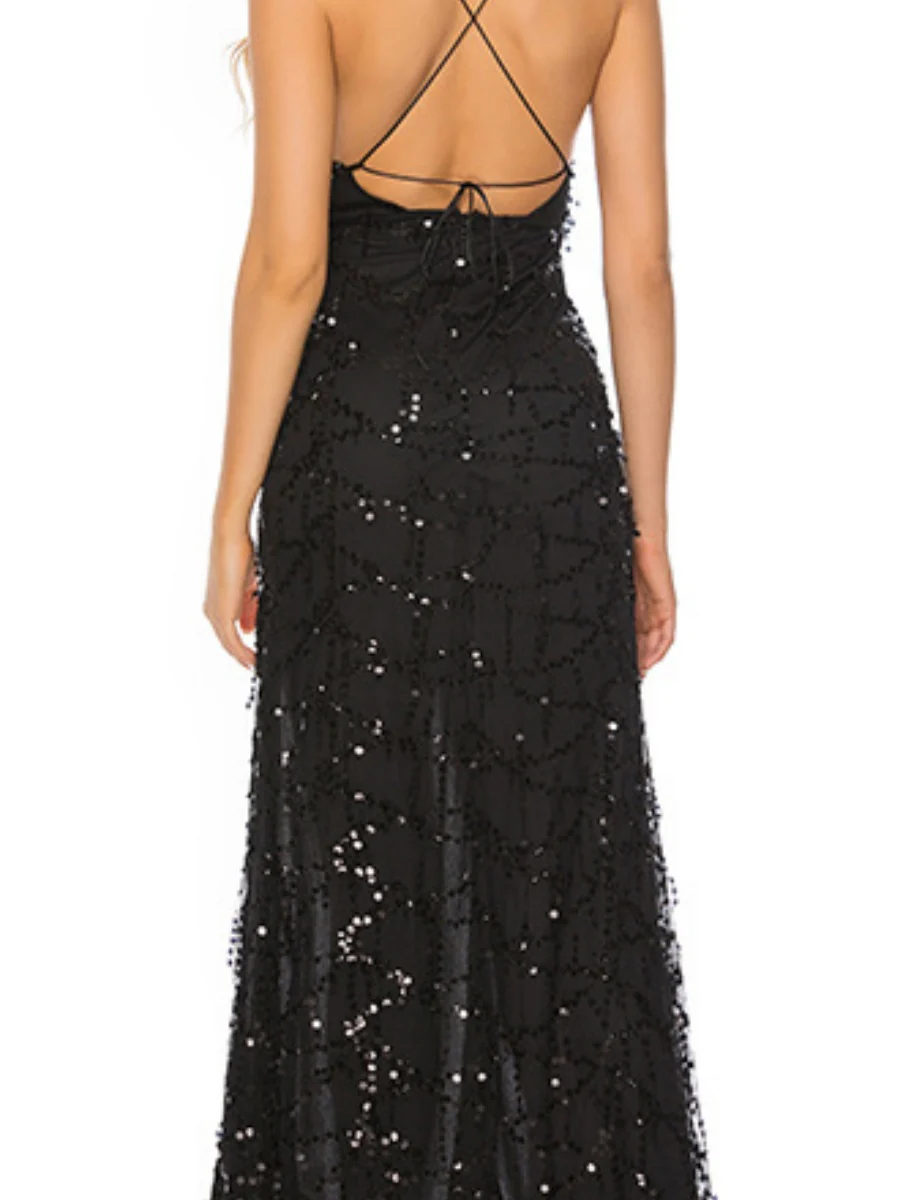 V-neck Sexy Backless Sequined Halter Dress With Floor-length Slit Skirt - Image 5