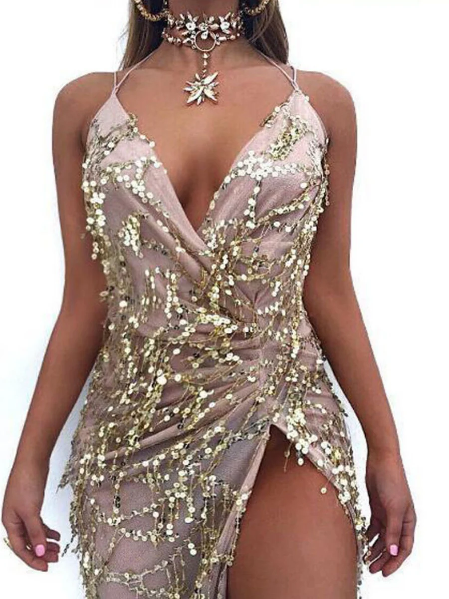V-neck Sexy Backless Sequined Halter Dress With Floor-length Slit Skirt - Image 7