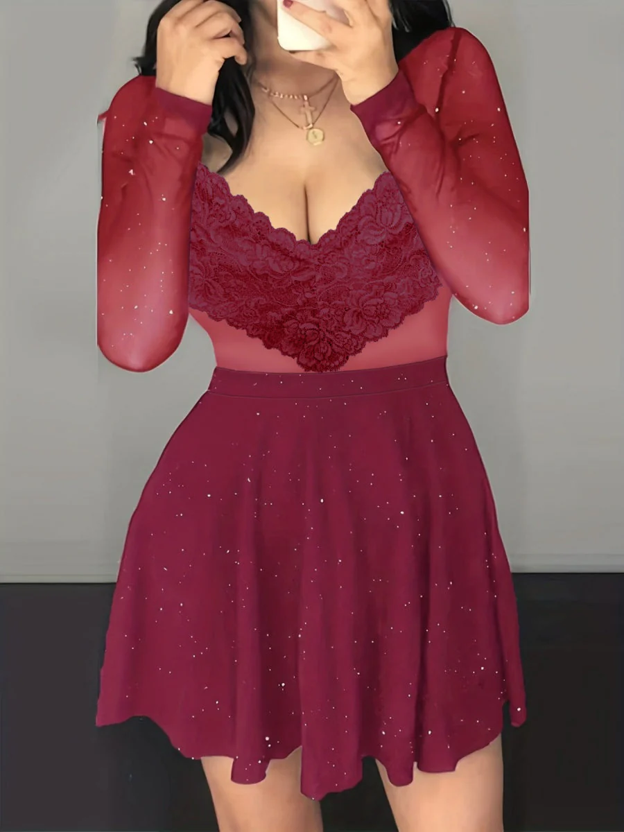 Sexy V-neck Bodycon Irregular Mesh Sequins Mini&Short Dresses - Image 4
