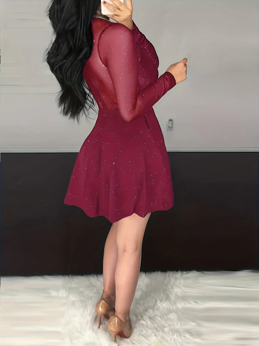 Sexy V-neck Bodycon Irregular Mesh Sequins Mini&Short Dresses - Image 5