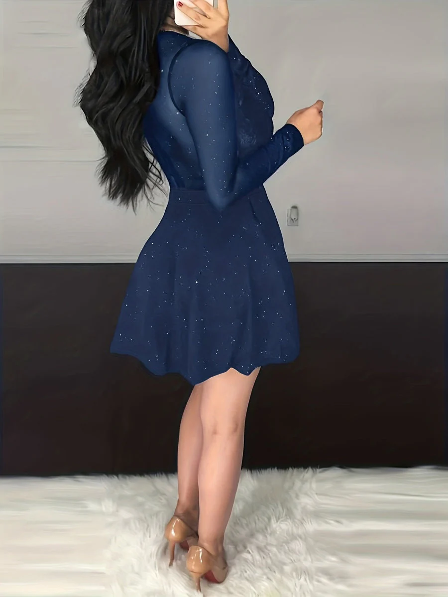 Sexy V-neck Bodycon Irregular Mesh Sequins Mini&Short Dresses - Image 7