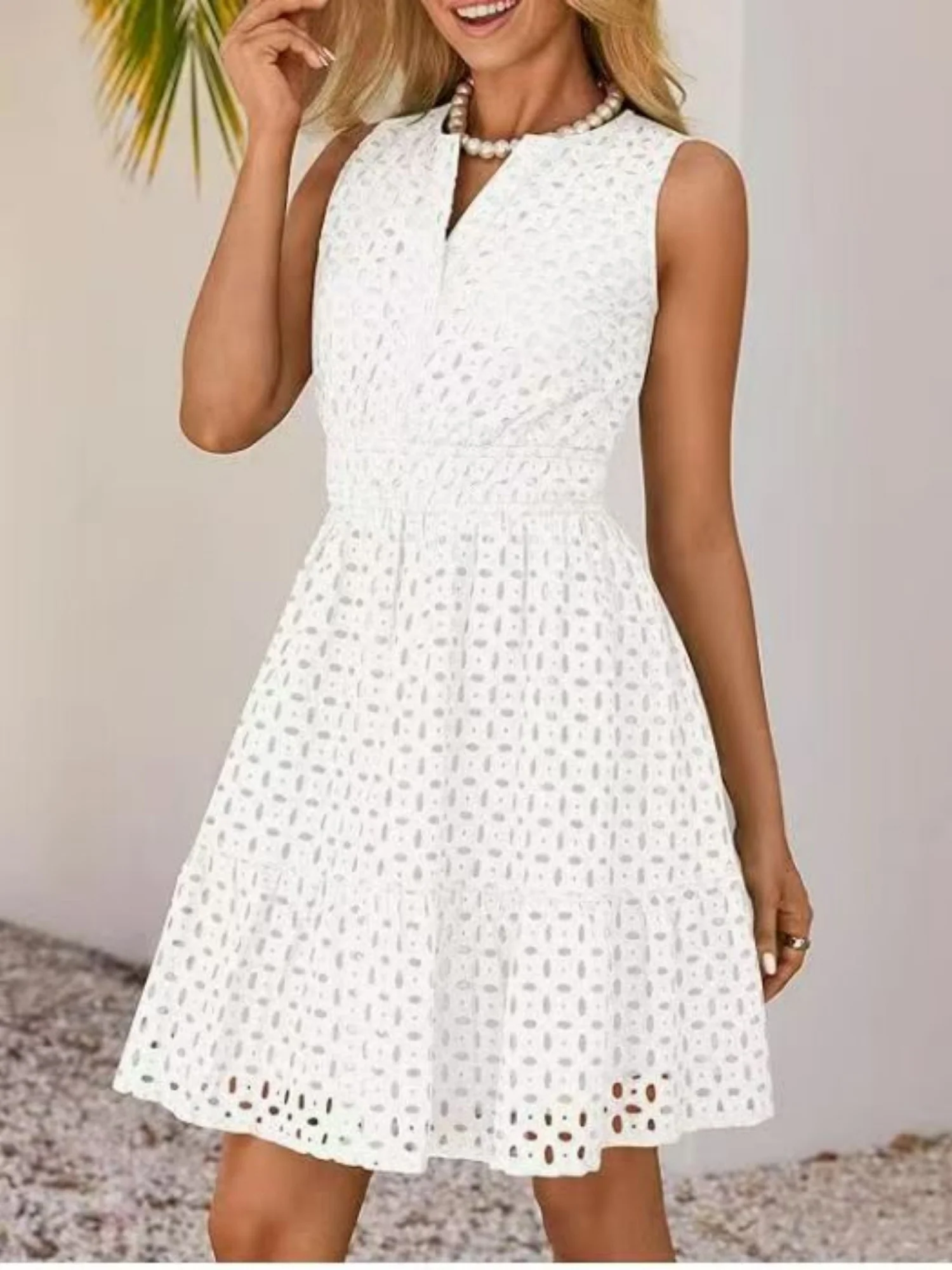 Hollow Holes V-neck Sleeveless A-line Skirt Mini&Short Dresses - Image 3