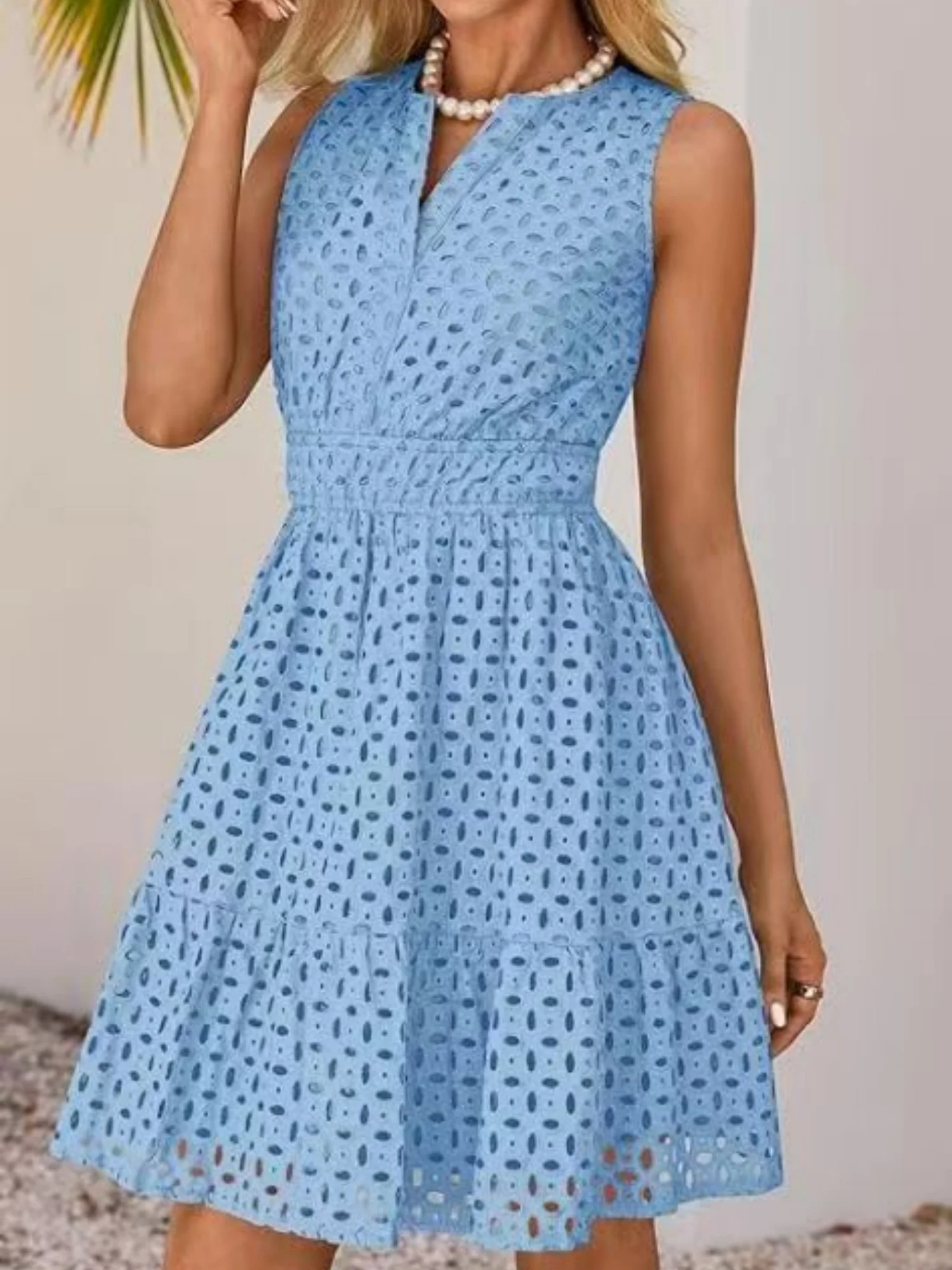 Hollow Holes V-neck Sleeveless A-line Skirt Mini&Short Dresses - Image 4