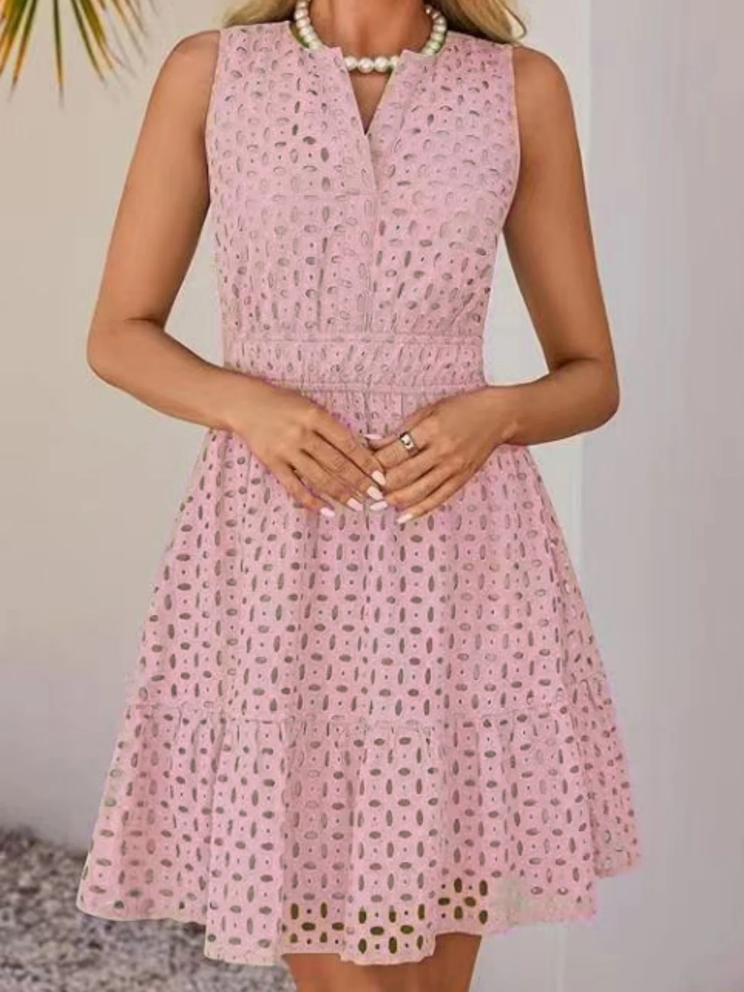 Hollow Holes V-neck Sleeveless A-line Skirt Mini&Short Dresses - Image 8