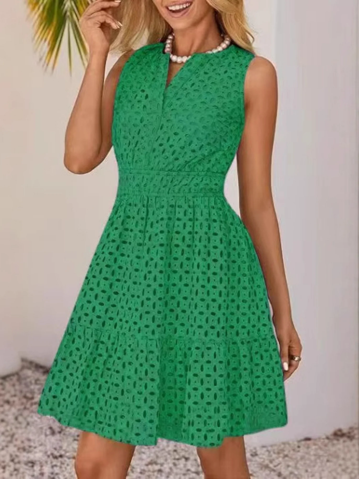 Hollow Holes V-neck Sleeveless A-line Skirt Mini&Short Dresses - Image 9
