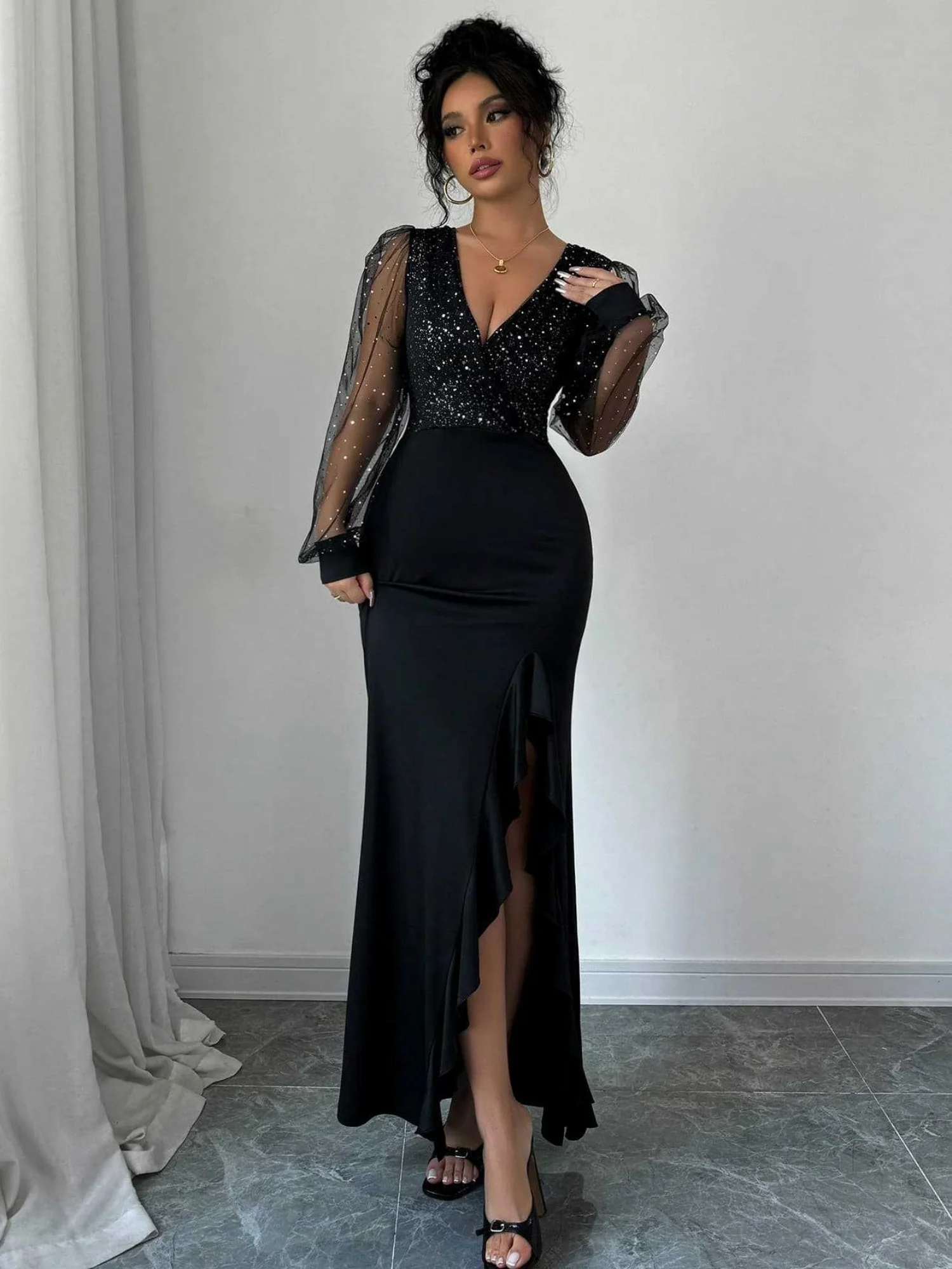 V-neck High-waisted Sequins Splicing Maxi Dresses - Image 4