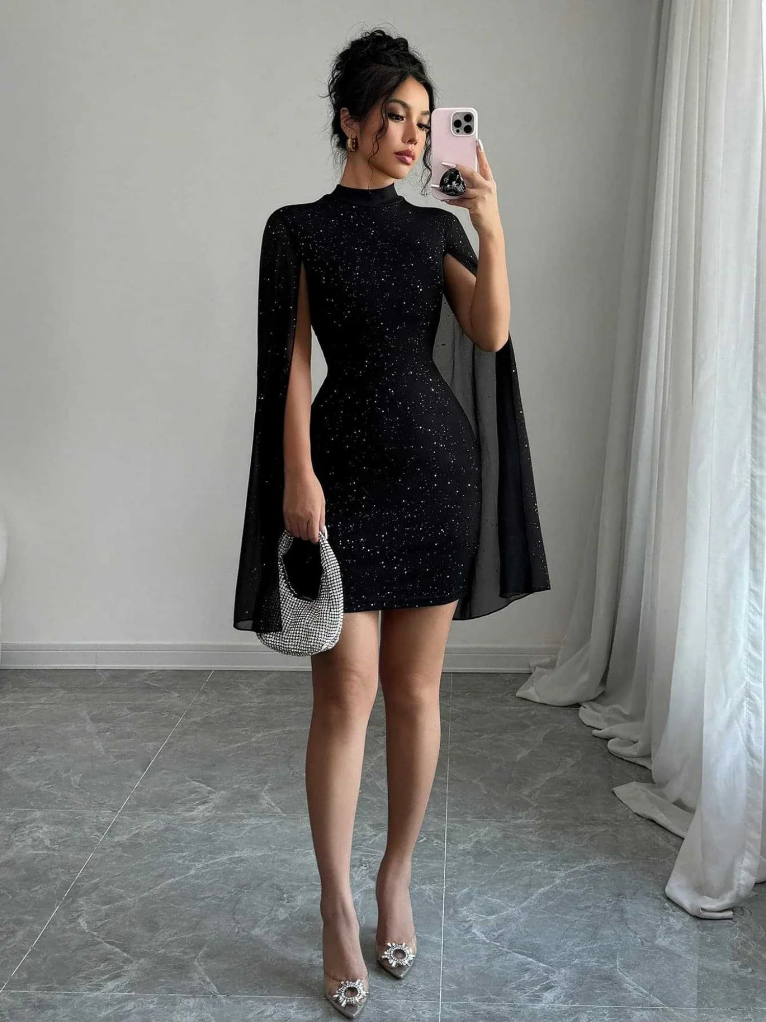 Turtleneck Sequins Chiffon Cape Lantern Sleeve Short Dress - Image 4