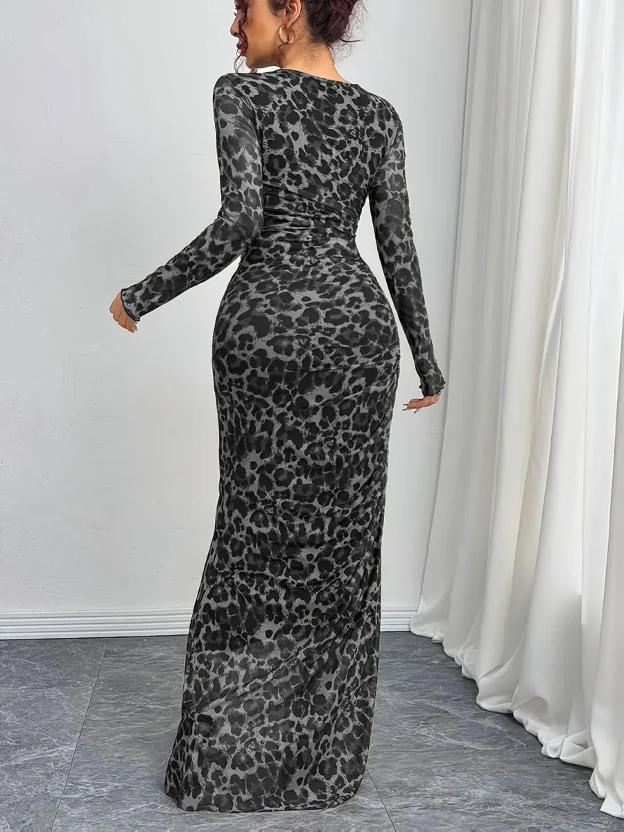 Leopard Mesh Printing Pleats Sexy Tight Fit Crew Neck Maxi Dresses - Image 12