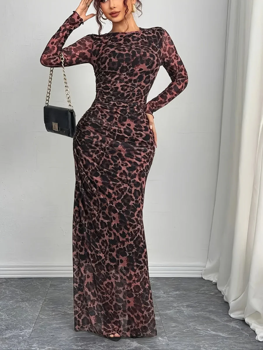 Leopard Mesh Printing Pleats Sexy Tight Fit Crew Neck Maxi Dresses - Image 13