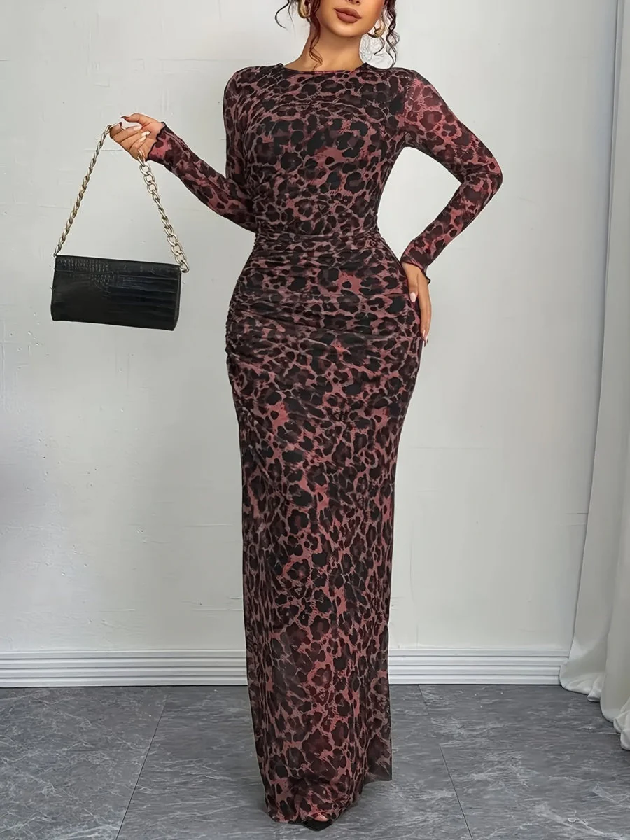 Leopard Mesh Printing Pleats Sexy Tight Fit Crew Neck Maxi Dresses - Image 15