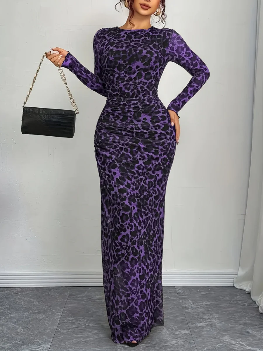 Leopard Mesh Printing Pleats Sexy Tight Fit Crew Neck Maxi Dresses - Image 16