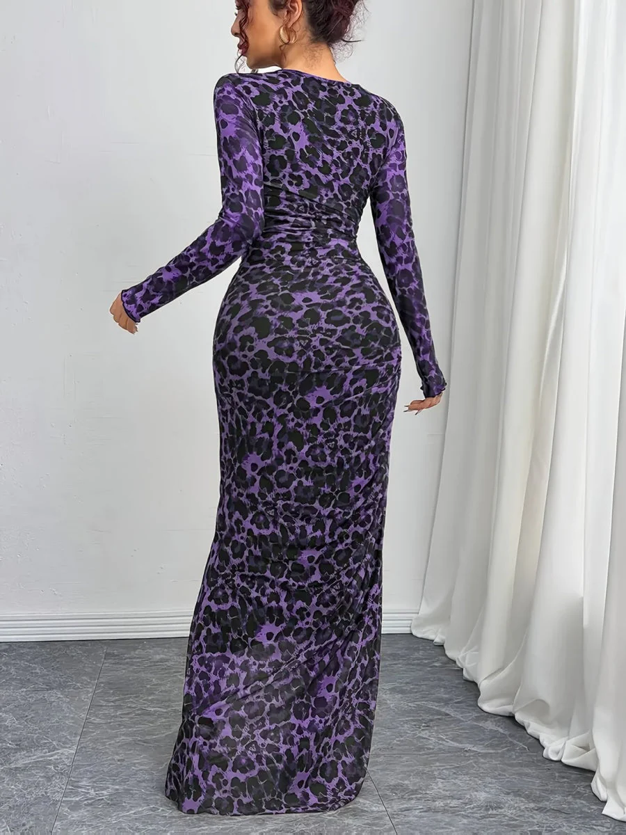 Leopard Mesh Printing Pleats Sexy Tight Fit Crew Neck Maxi Dresses - Image 17