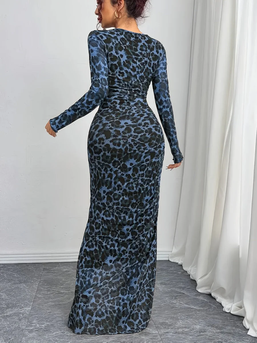 Leopard Mesh Printing Pleats Sexy Tight Fit Crew Neck Maxi Dresses - Image 21