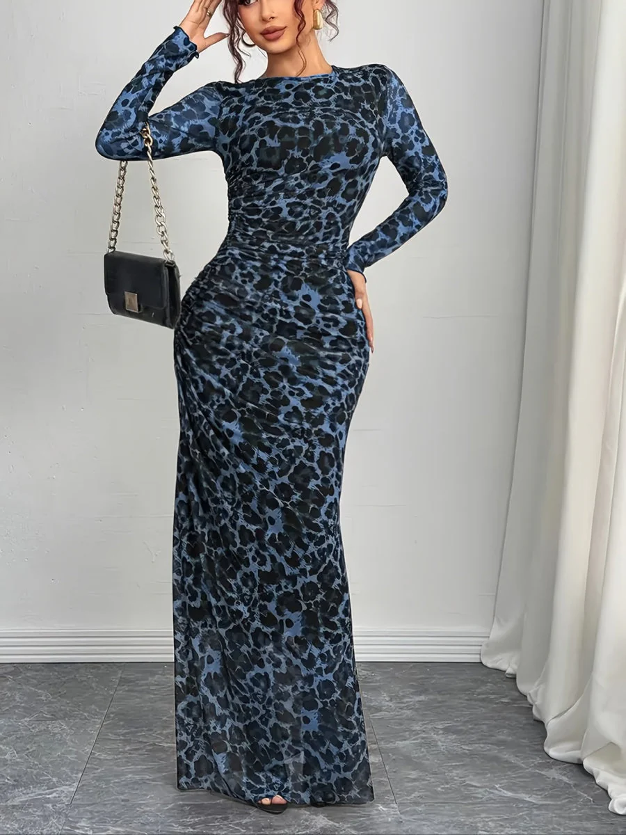 Leopard Mesh Printing Pleats Sexy Tight Fit Crew Neck Maxi Dresses - Image 22