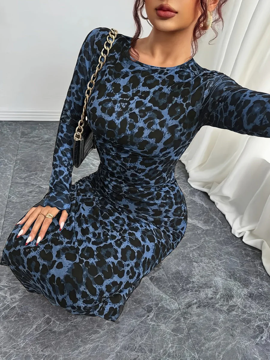 Leopard Mesh Printing Pleats Sexy Tight Fit Crew Neck Maxi Dresses - Image 23