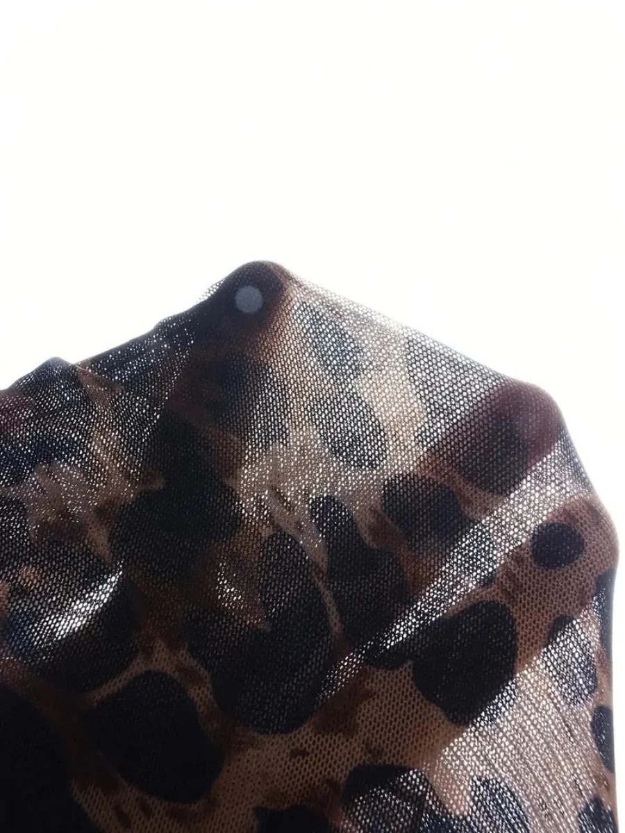 Leopard Mesh Printing Pleats Sexy Tight Fit Crew Neck Maxi Dresses - Image 5