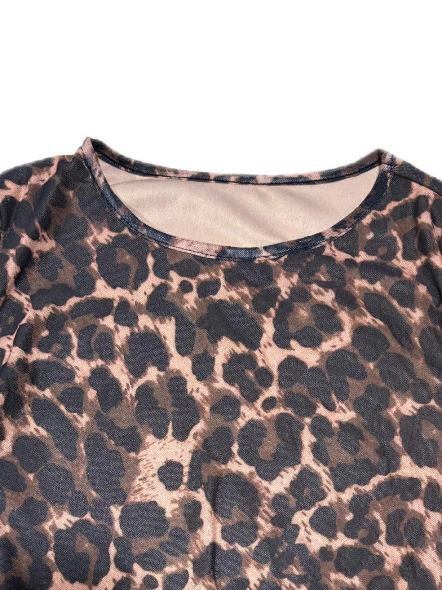 Leopard Mesh Printing Pleats Sexy Tight Fit Crew Neck Maxi Dresses - Image 7