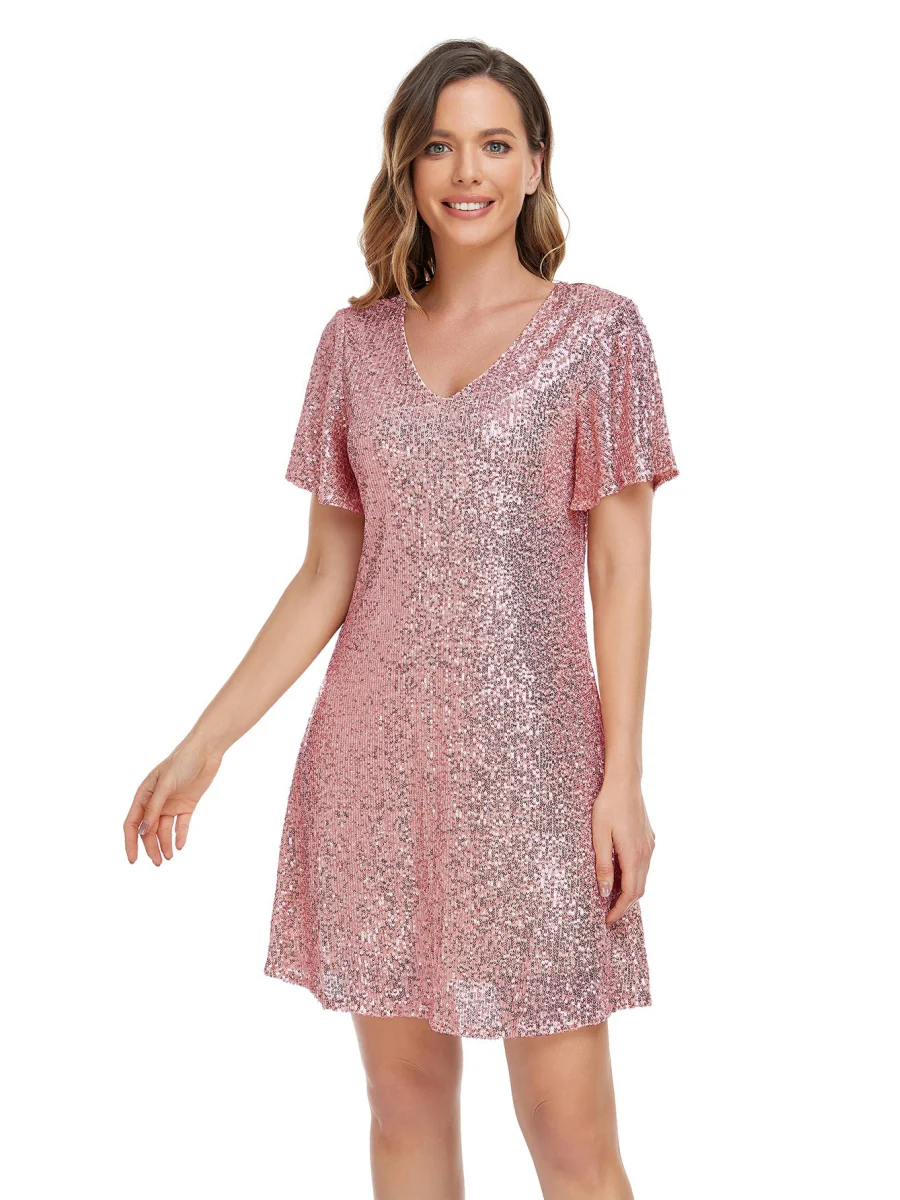 V-neck Fine Flash A Pendulum Mini&Short Dresses - Image 3
