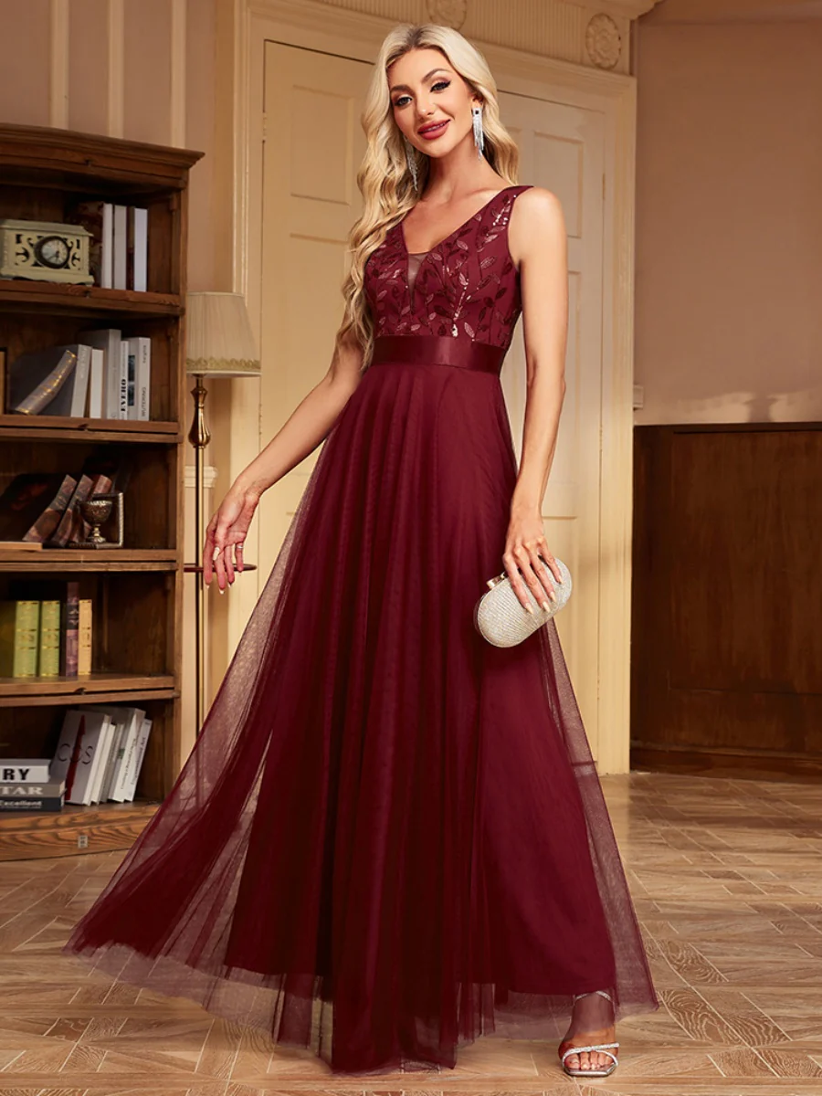 V-neck Embroidery Sequins Elegant Gauze Formal Dress Maxi Dresses - Image 14