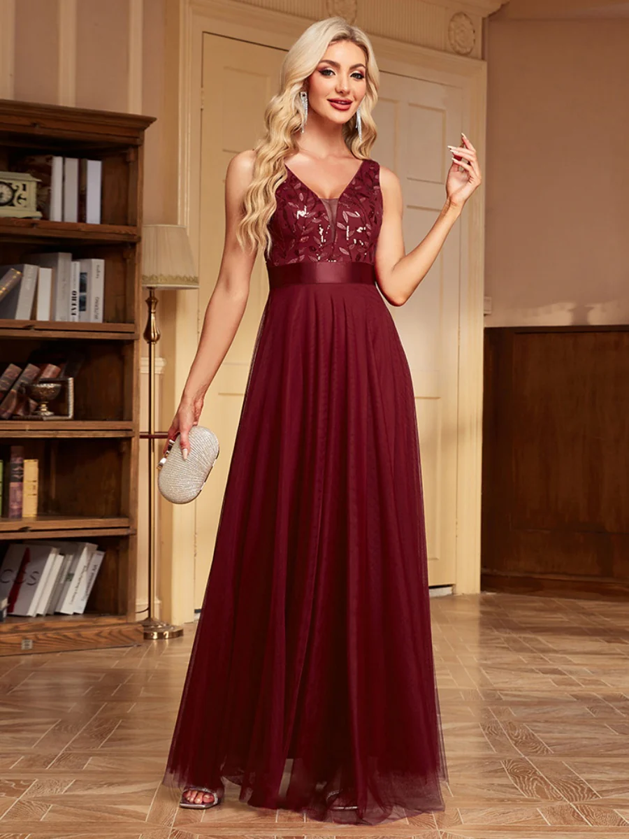 V-neck Embroidery Sequins Elegant Gauze Formal Dress Maxi Dresses - Image 16