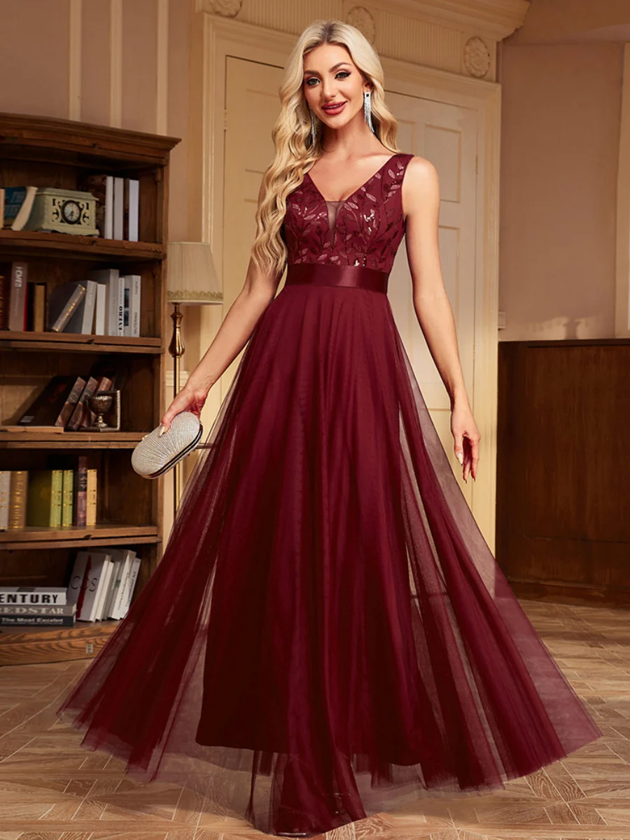 V-neck Embroidery Sequins Elegant Gauze Formal Dress Maxi Dresses - Image 18