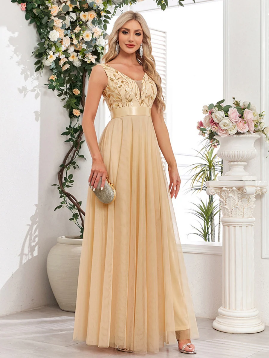 V-neck Embroidery Sequins Elegant Gauze Formal Dress Maxi Dresses - Image 19