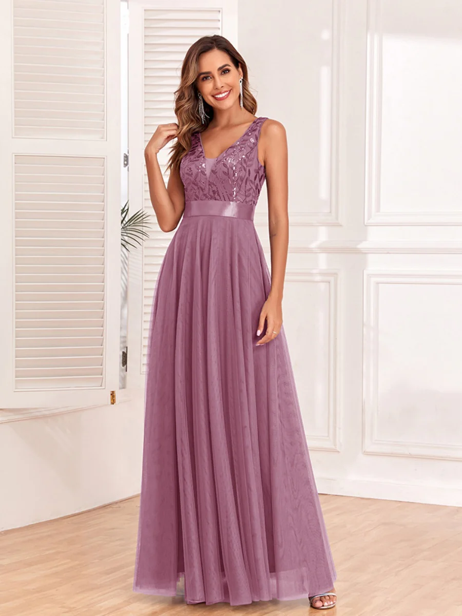 V-neck Embroidery Sequins Elegant Gauze Formal Dress Maxi Dresses - Image 2