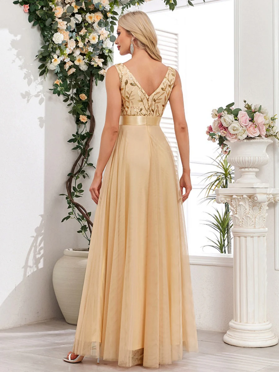 V-neck Embroidery Sequins Elegant Gauze Formal Dress Maxi Dresses - Image 20