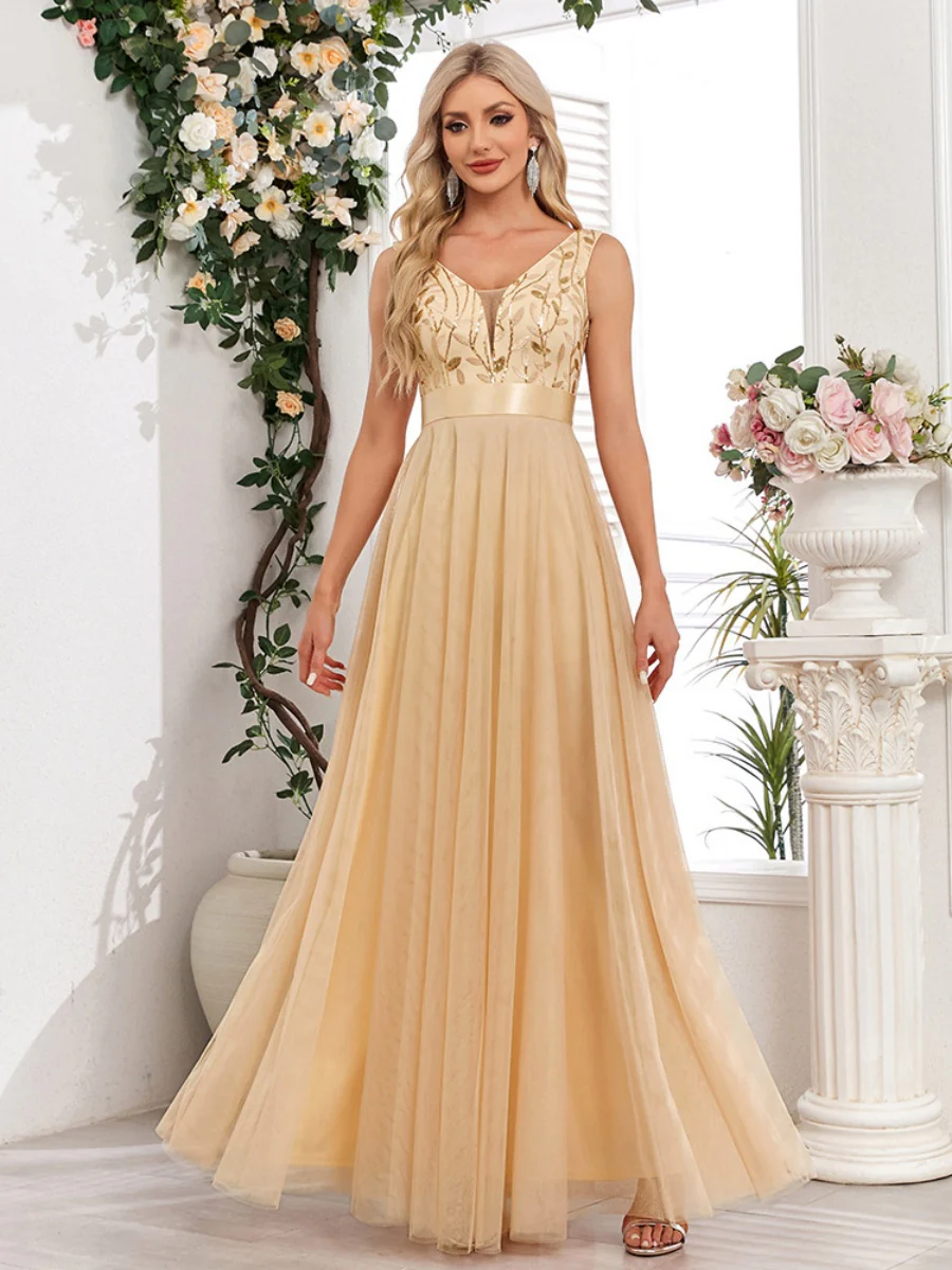 V-neck Embroidery Sequins Elegant Gauze Formal Dress Maxi Dresses - Image 21