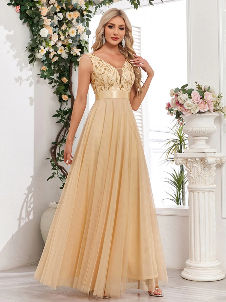 V-neck Embroidery Sequins Elegant Gauze Formal Dress Maxi Dresses - Image 22
