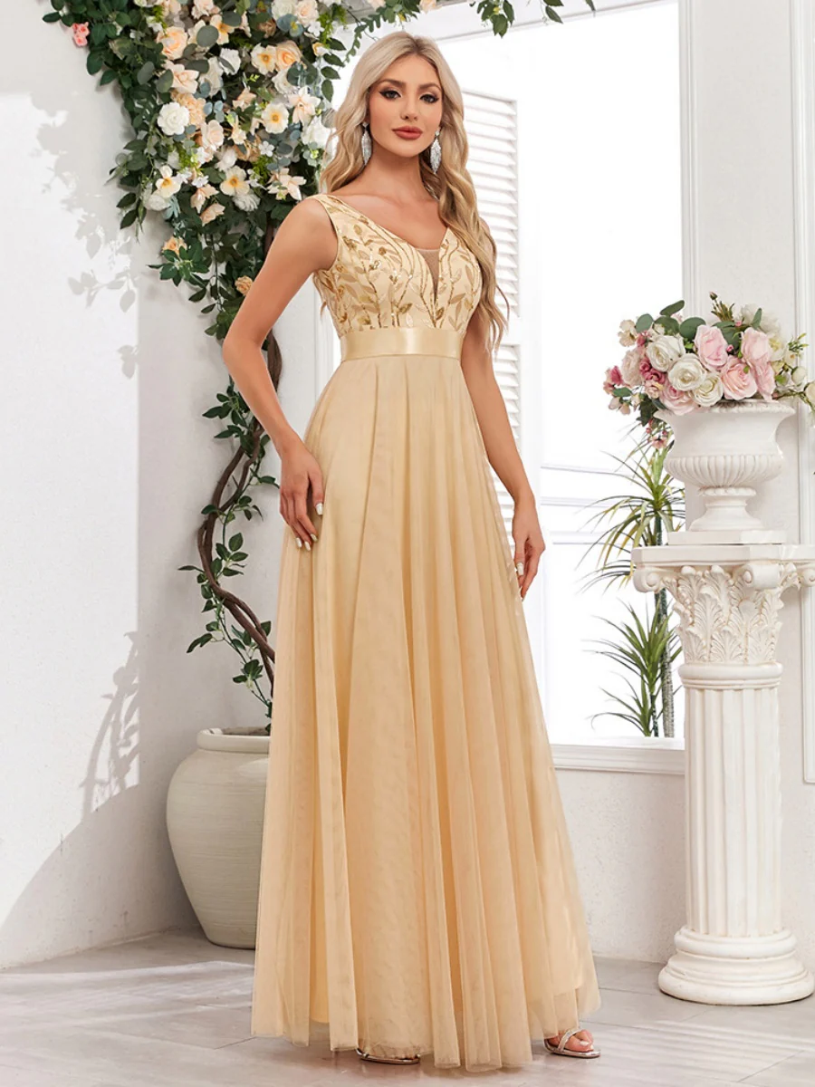 V-neck Embroidery Sequins Elegant Gauze Formal Dress Maxi Dresses - Image 23